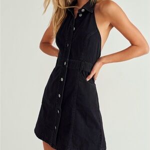 Free People Sami denim Sleeveless Denim Halter Mini Dress black washed